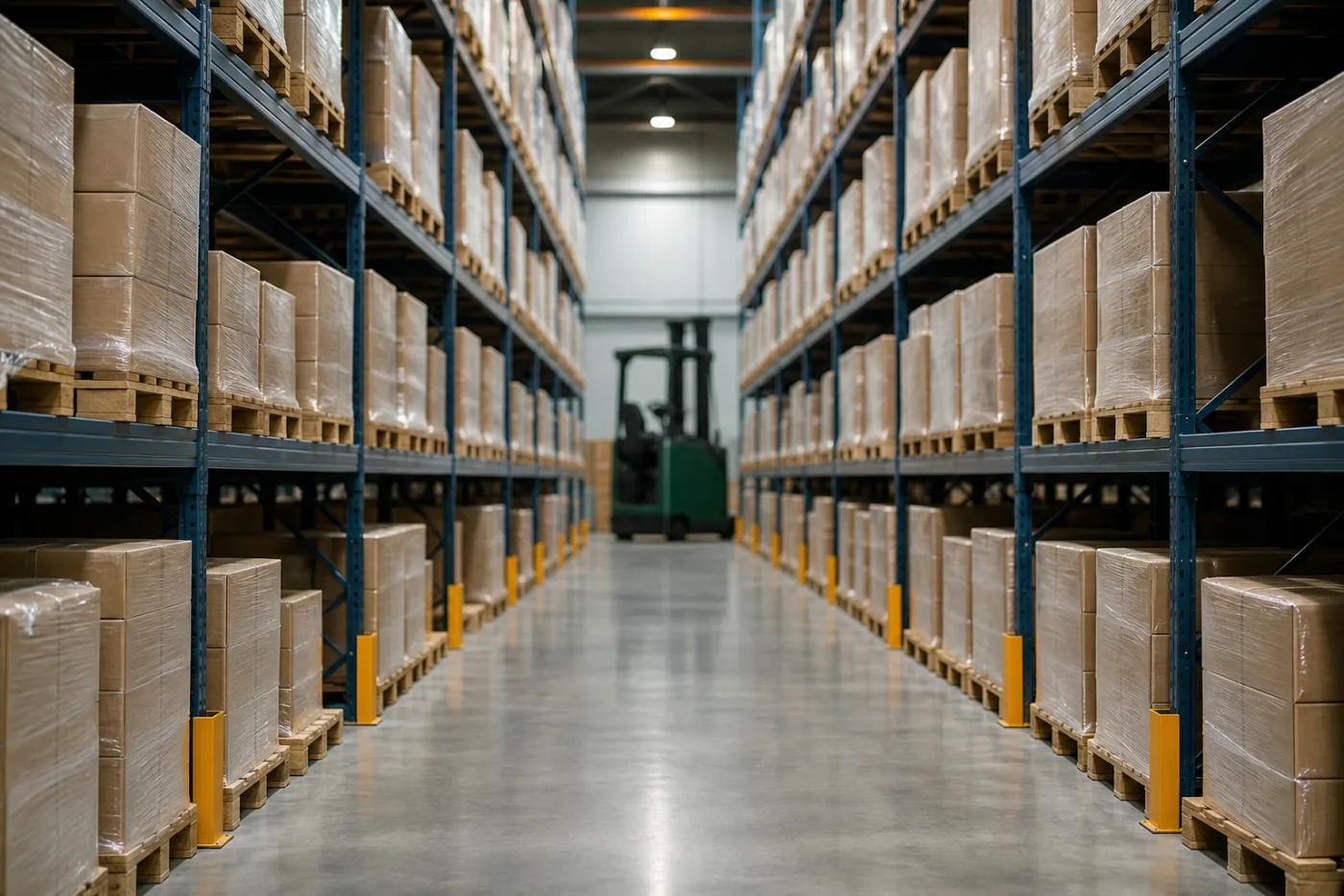 Warehouse aisle with pallet racking and stacked cases