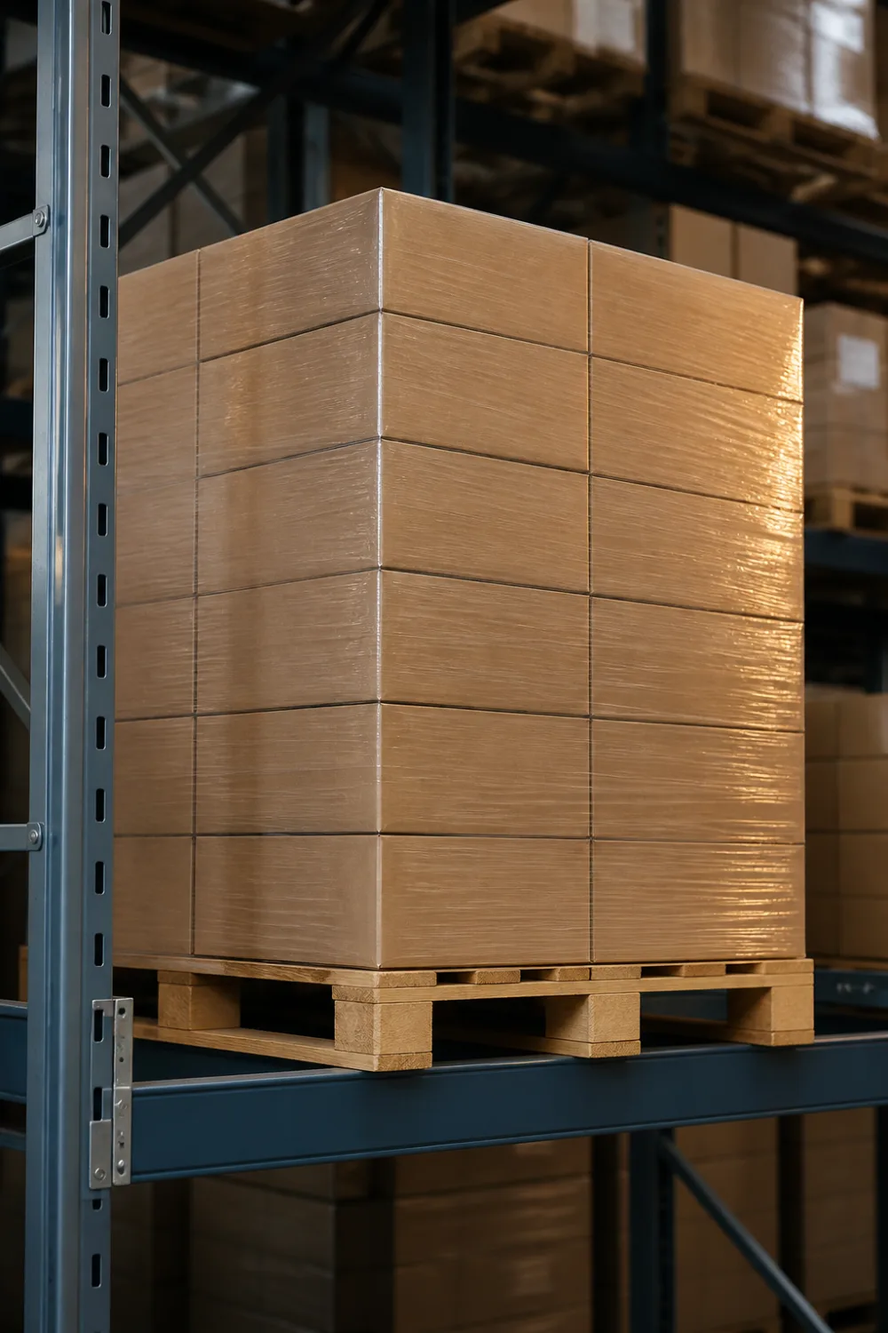 Warehouse aisle with pallet racking and stacked cases
